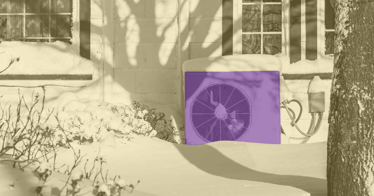 An image of a heat pump in the snow on the outside of a house, highlighted in purple.